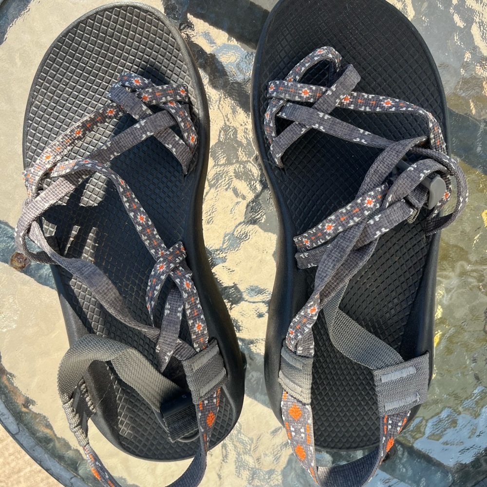 Grey and Orange Chaco Sandals